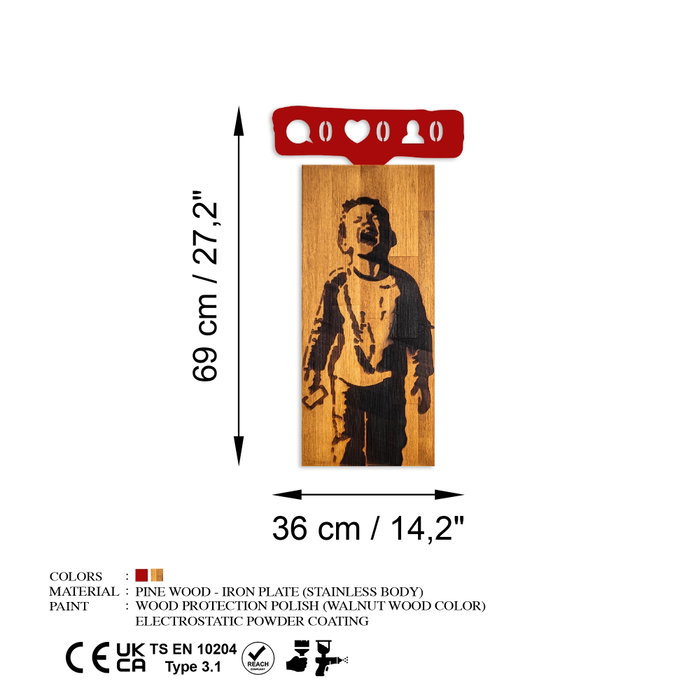 Wallity Accesorio Decorativo de Pared Crying Boys en Madera, Nogal y Rojo, 36x69cm